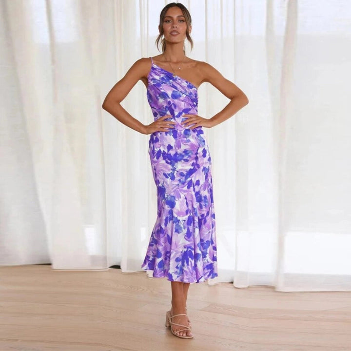 Aurora Maxi Dress With Asymmetrical Cut And Floral Print