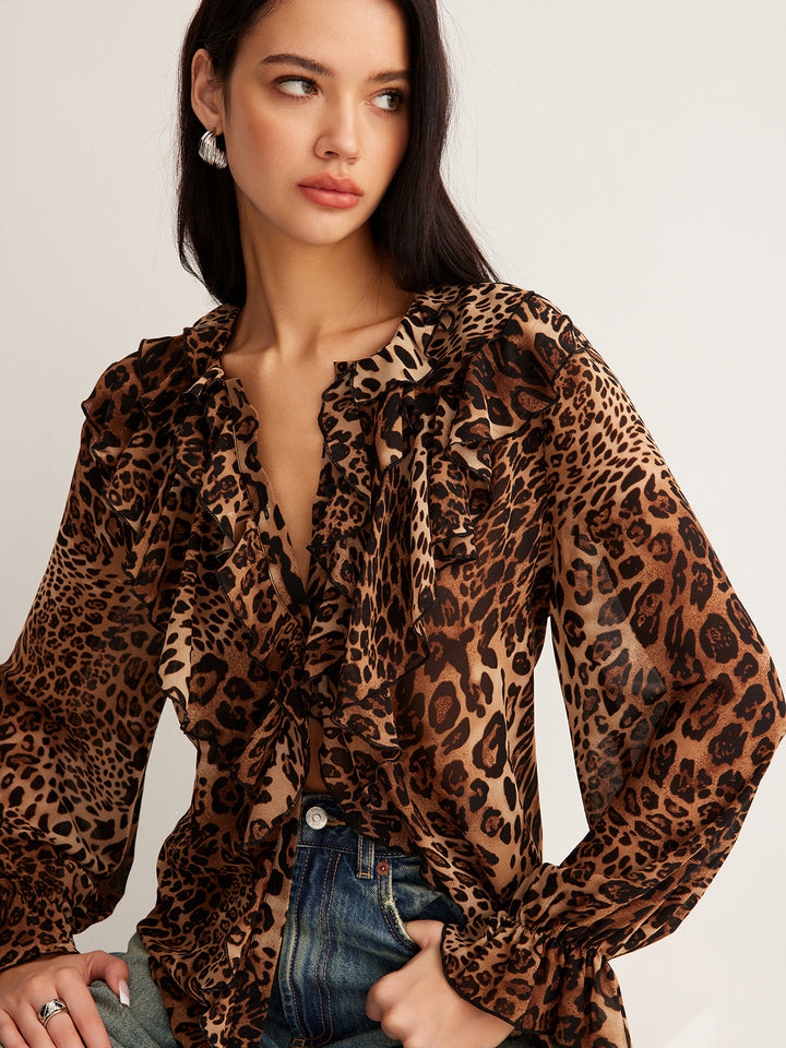 Luna Summer Leopard Print Ruffle Neck Blouse For Women