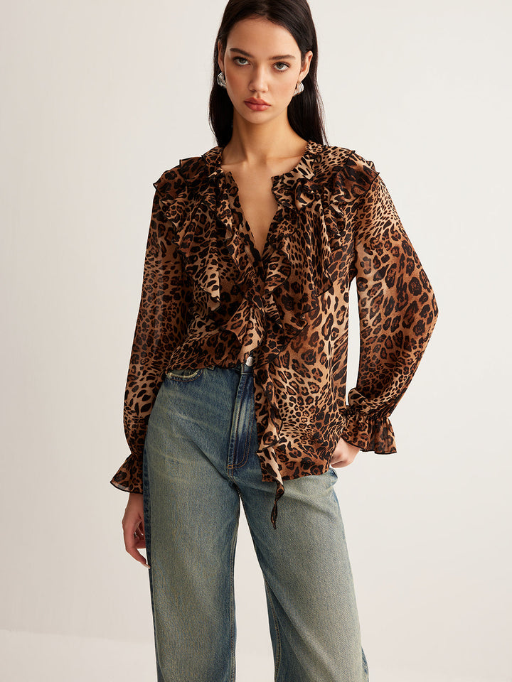 Luna Summer Leopard Print Ruffle Neck Blouse For Women