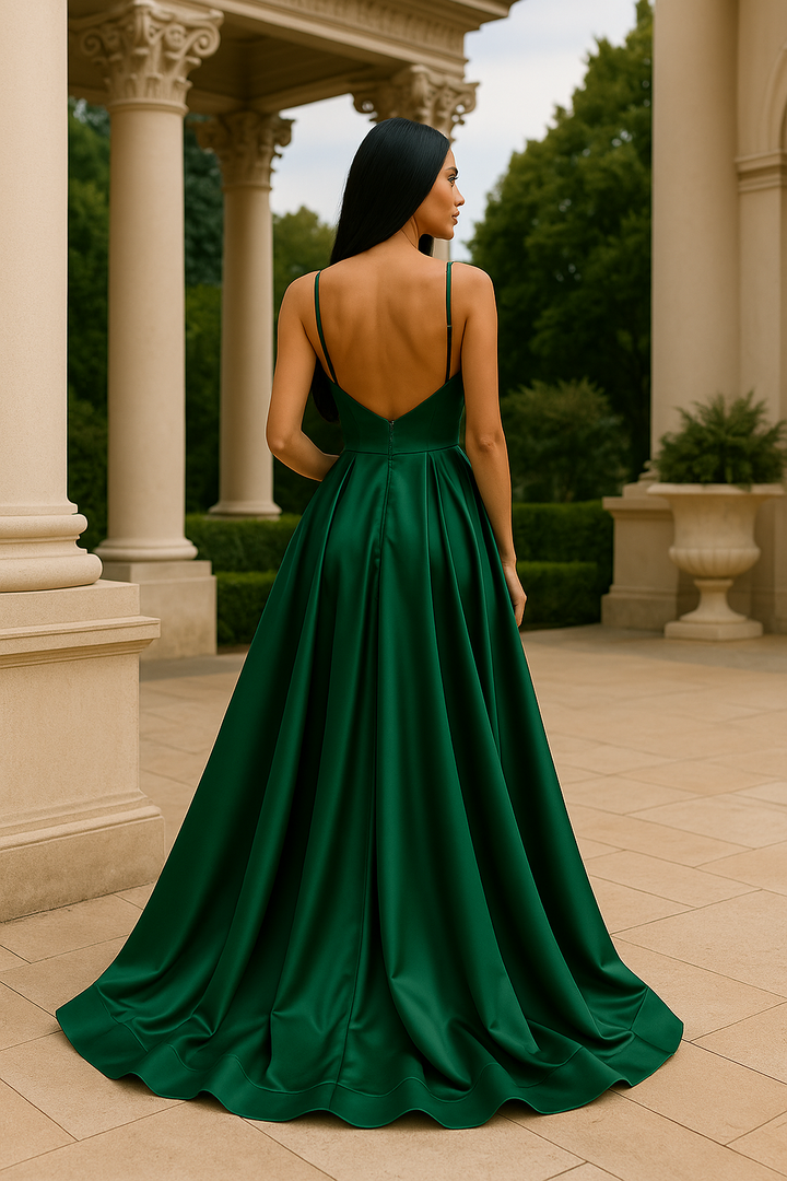 Deep Green Satin Gown With Front Slit Elegant Dress