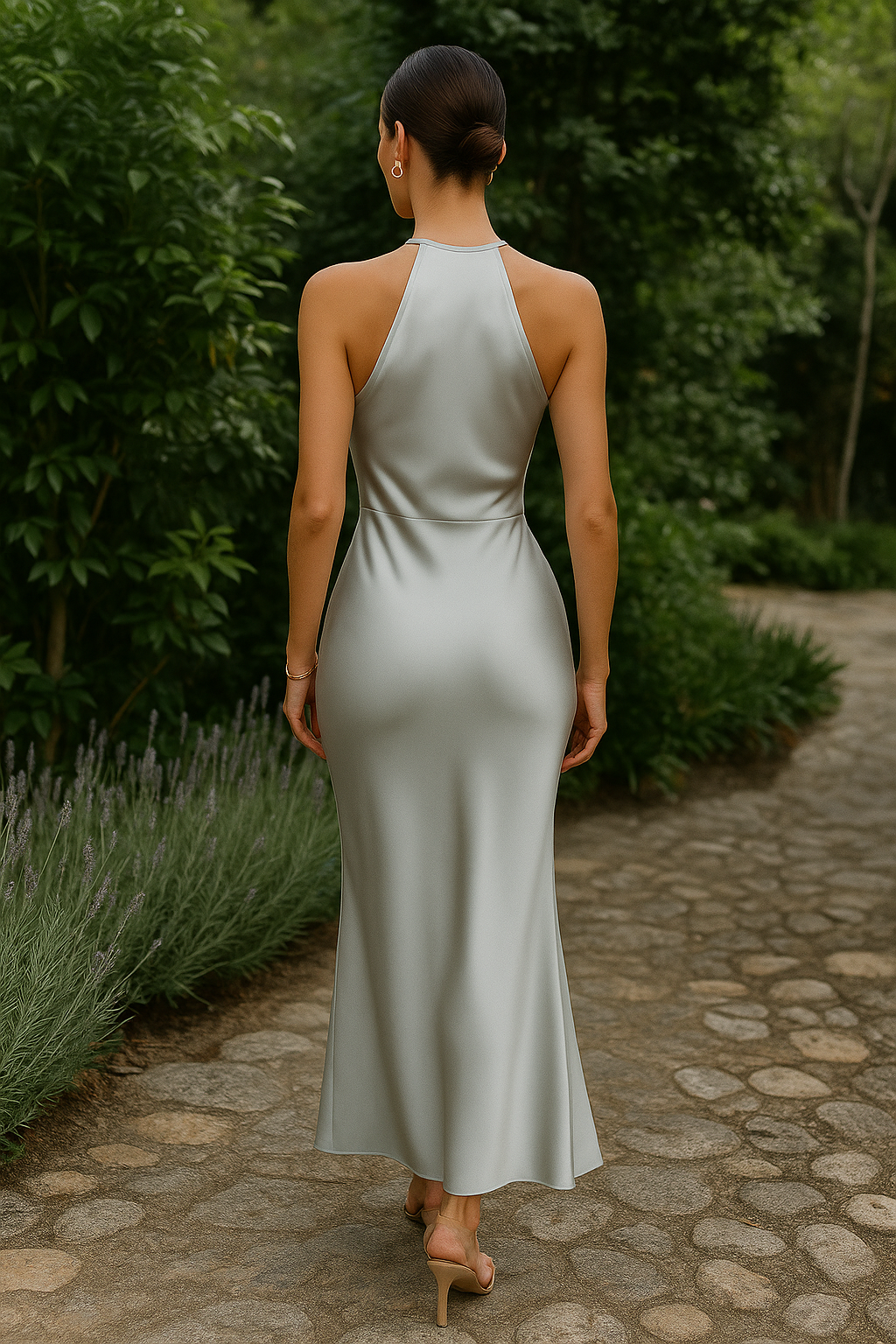 Silky Silver Satin Halter Maxi Dress For Evening Wear