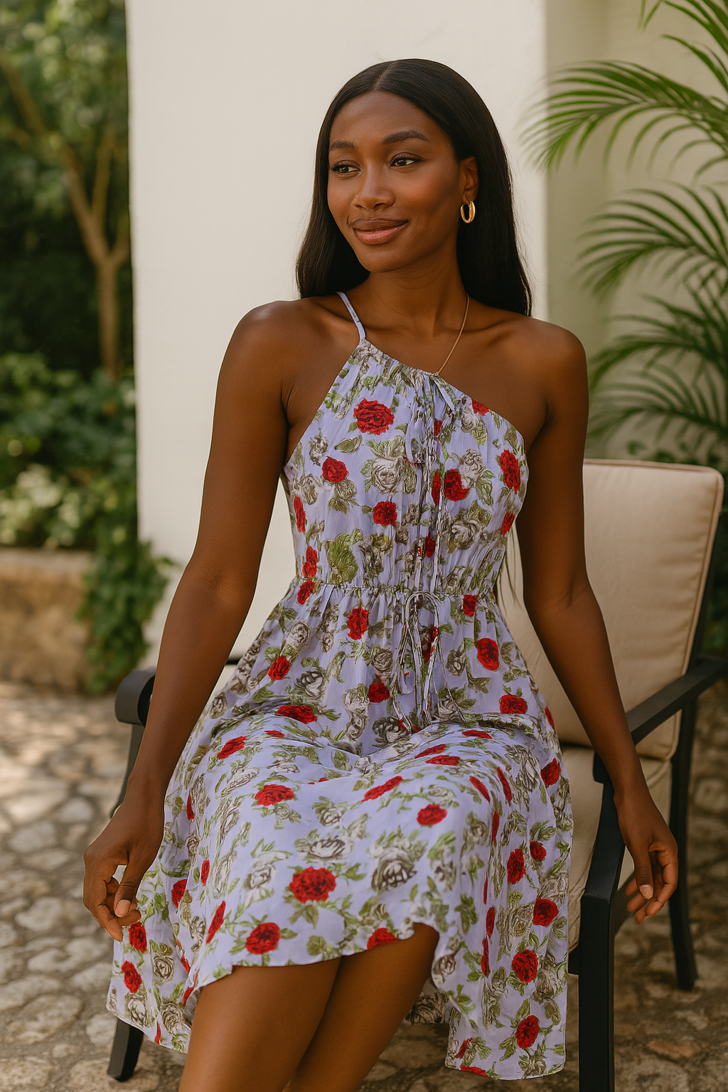 Floral Midi Dress With Shirred Bodice In Lavender And Roses