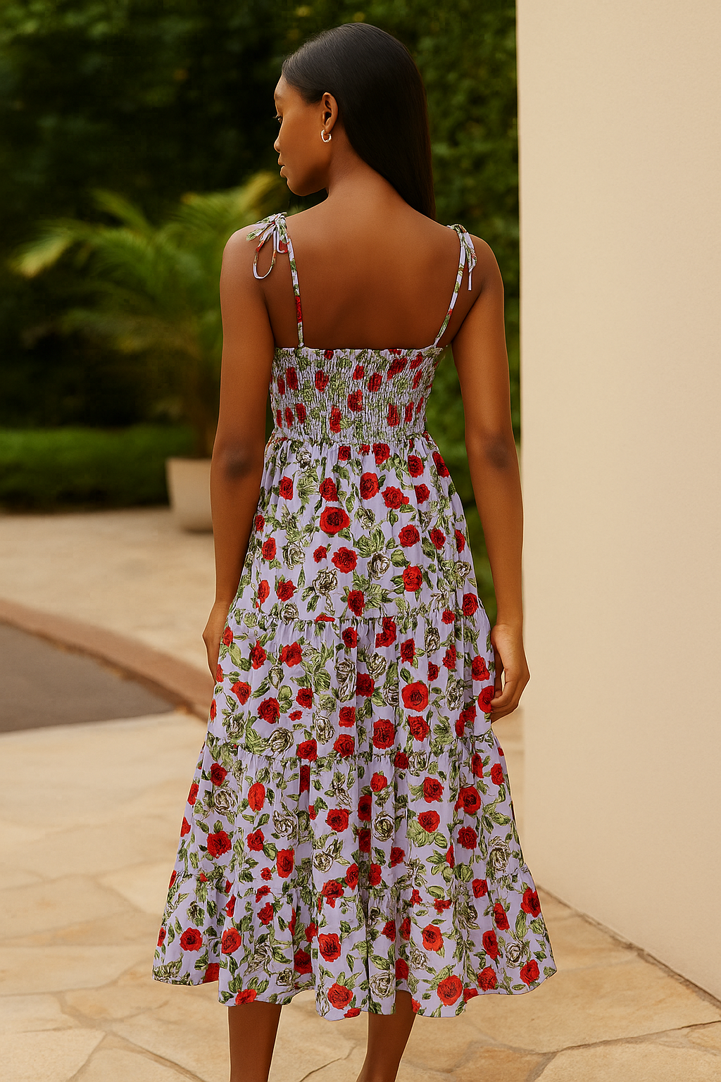 Floral Midi Dress With Shirred Bodice In Lavender And Roses