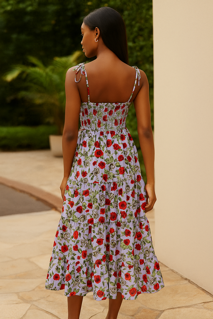 Floral Midi Dress With Shirred Bodice In Lavender And Roses