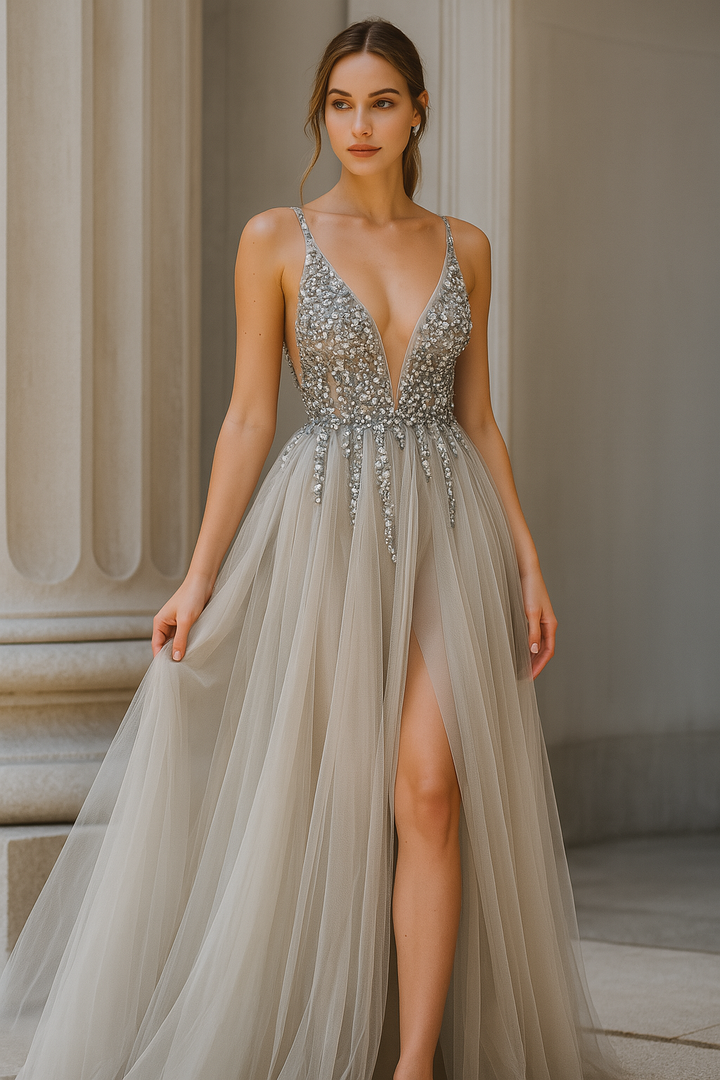 Elegant Dress With Crystal Embellished Tulle Evening Gown