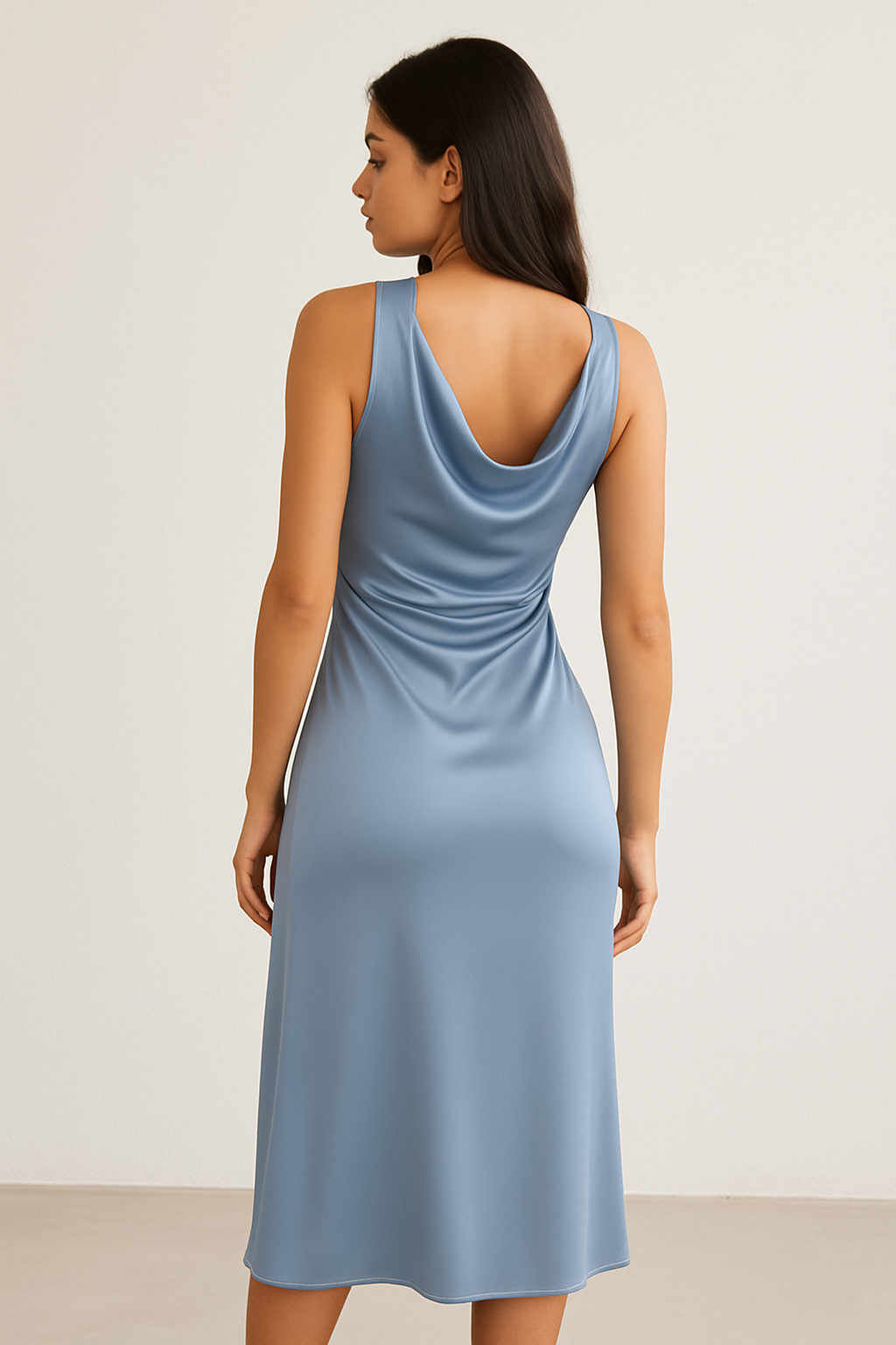 Light Blue Satin Cowl Neck Midi Dress Elegant Silhouette