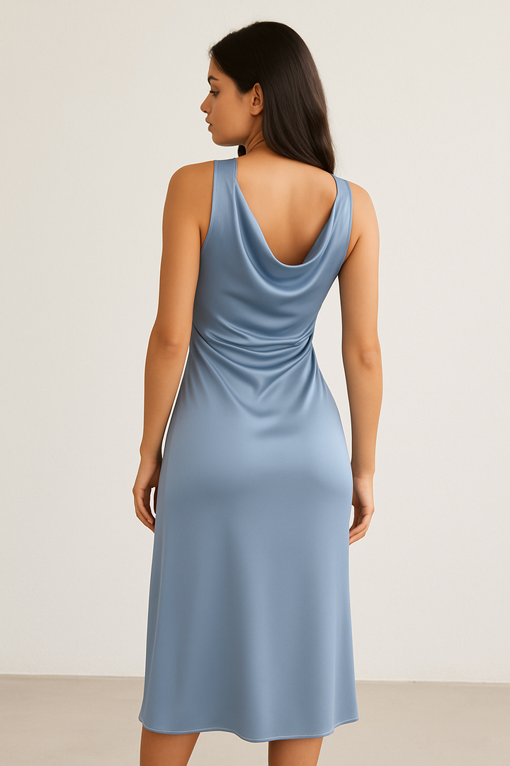 Light Blue Satin Cowl Neck Midi Dress Elegant Silhouette