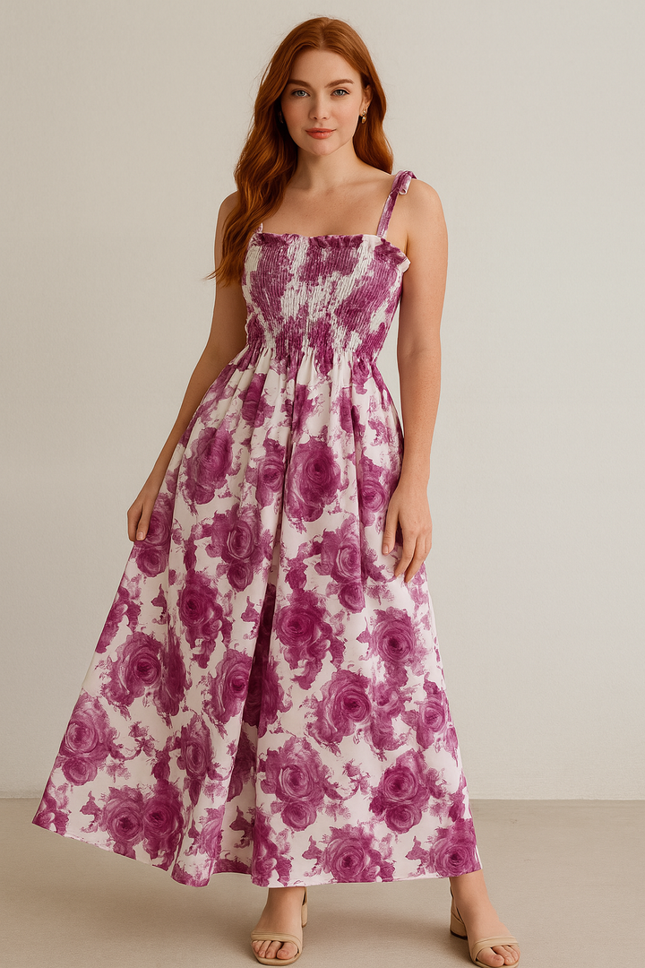 Smocked Floral Maxi Dress With Shoulder Straps Pink White