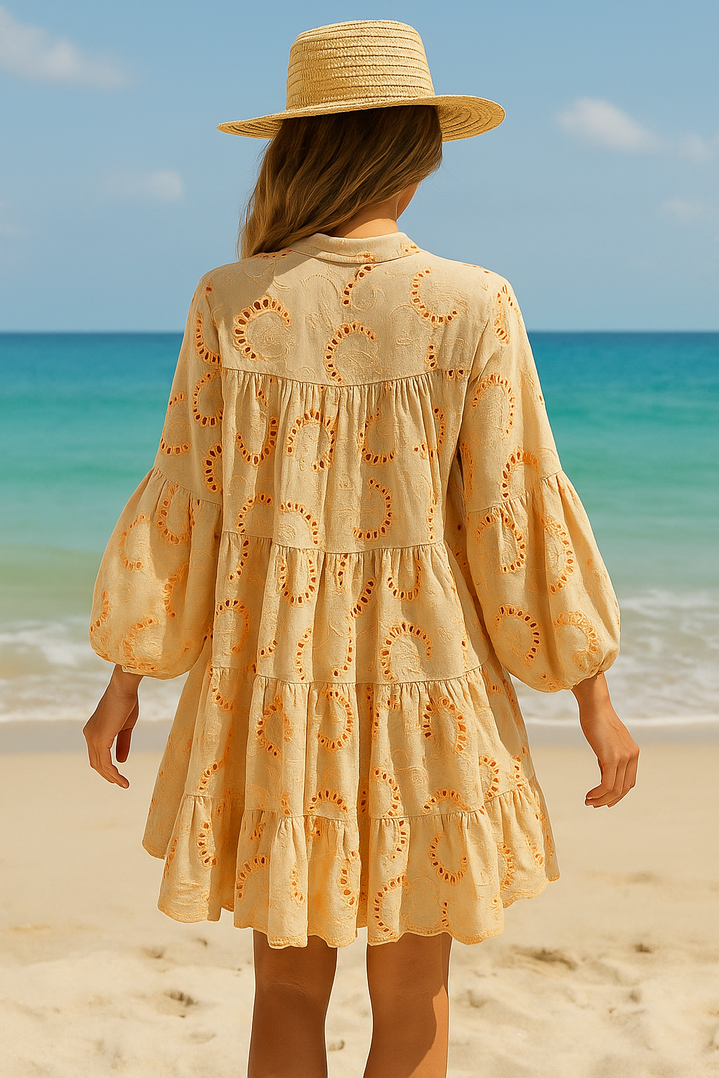 Tropical Embroidered Beige Summer Dress With Flowy Sleeves