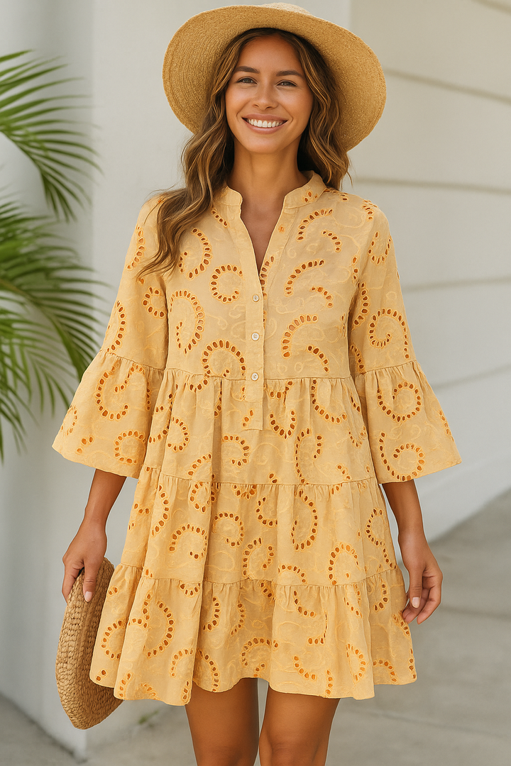 Tropical Embroidered Beige Summer Dress With Flowy Sleeves
