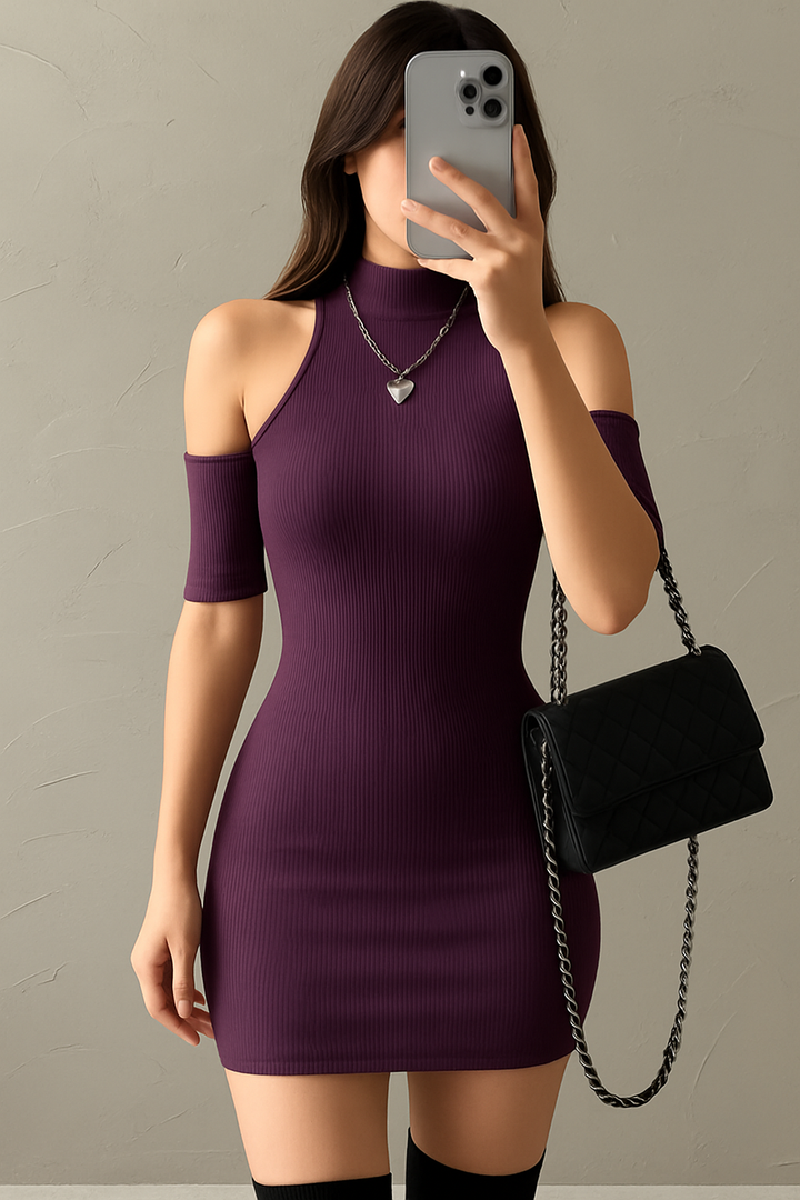 Purple Cold Shoulder Ribbed Mini Dress For Ladies Now