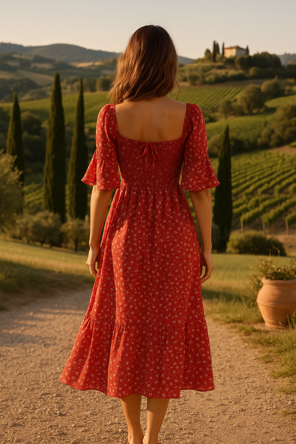 Red Floral Midi Dress With Square Neck And Ruffle Sleeves