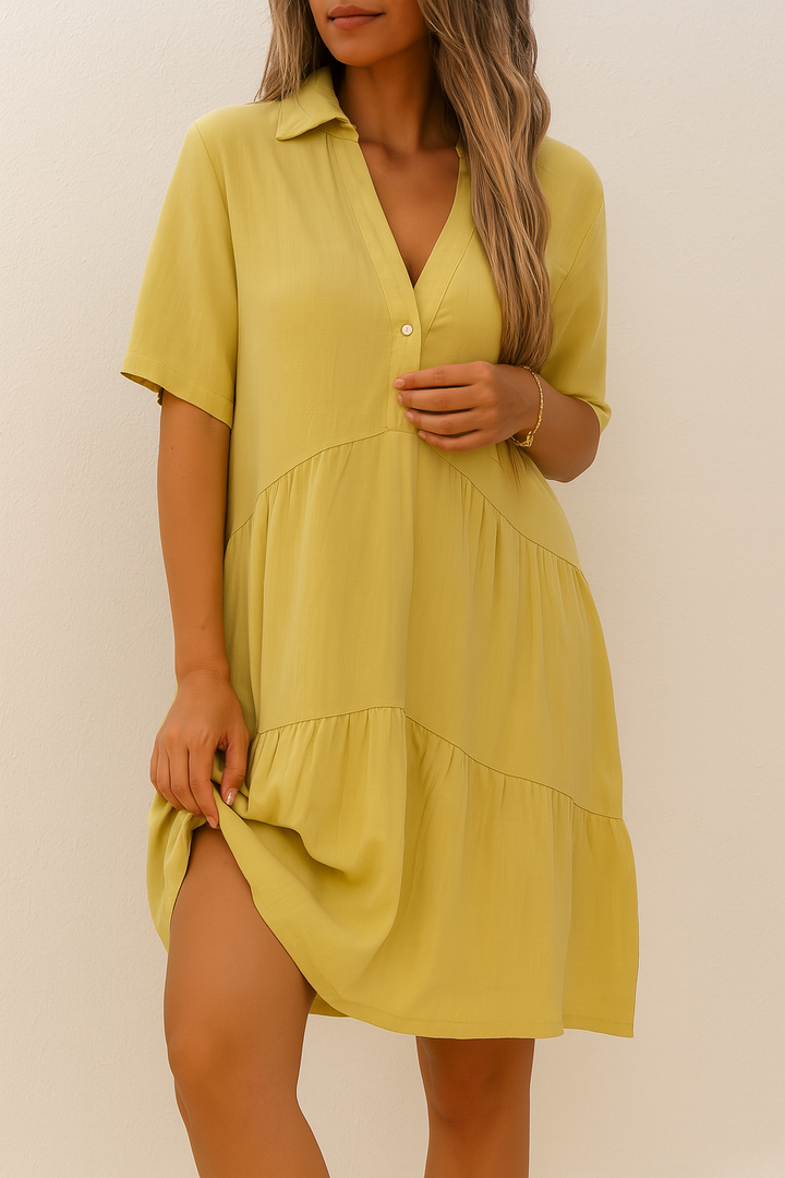 Tiered Yellow Linen Shirt Dress Collection For Women