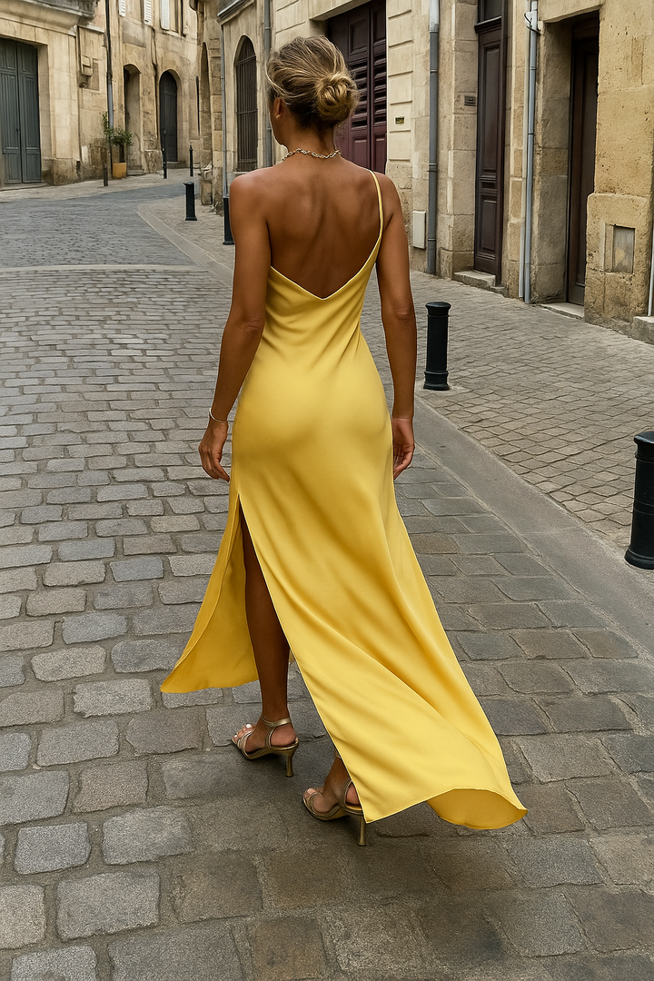 Satin One-Shoulder Yellow Slip Dress For Evening Occasions