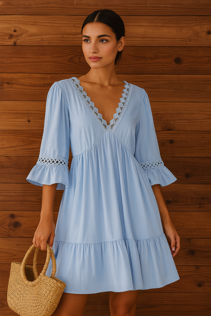 Chic Boho Sky-Blue Midi Dress With Delicate Lace Trim