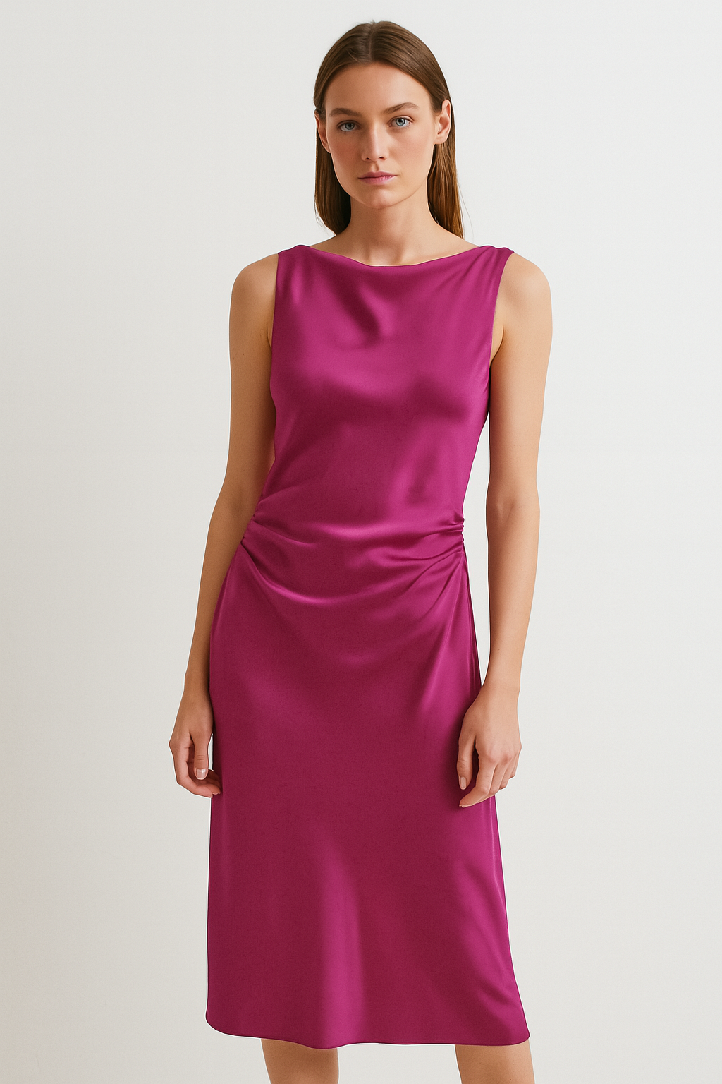 Fuchsia Satin Midi Dress With Side Draping And Graceful Look