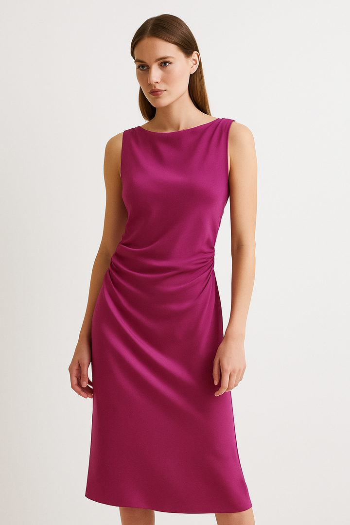 Fuchsia Satin Midi Dress With Side Draping And Graceful Look