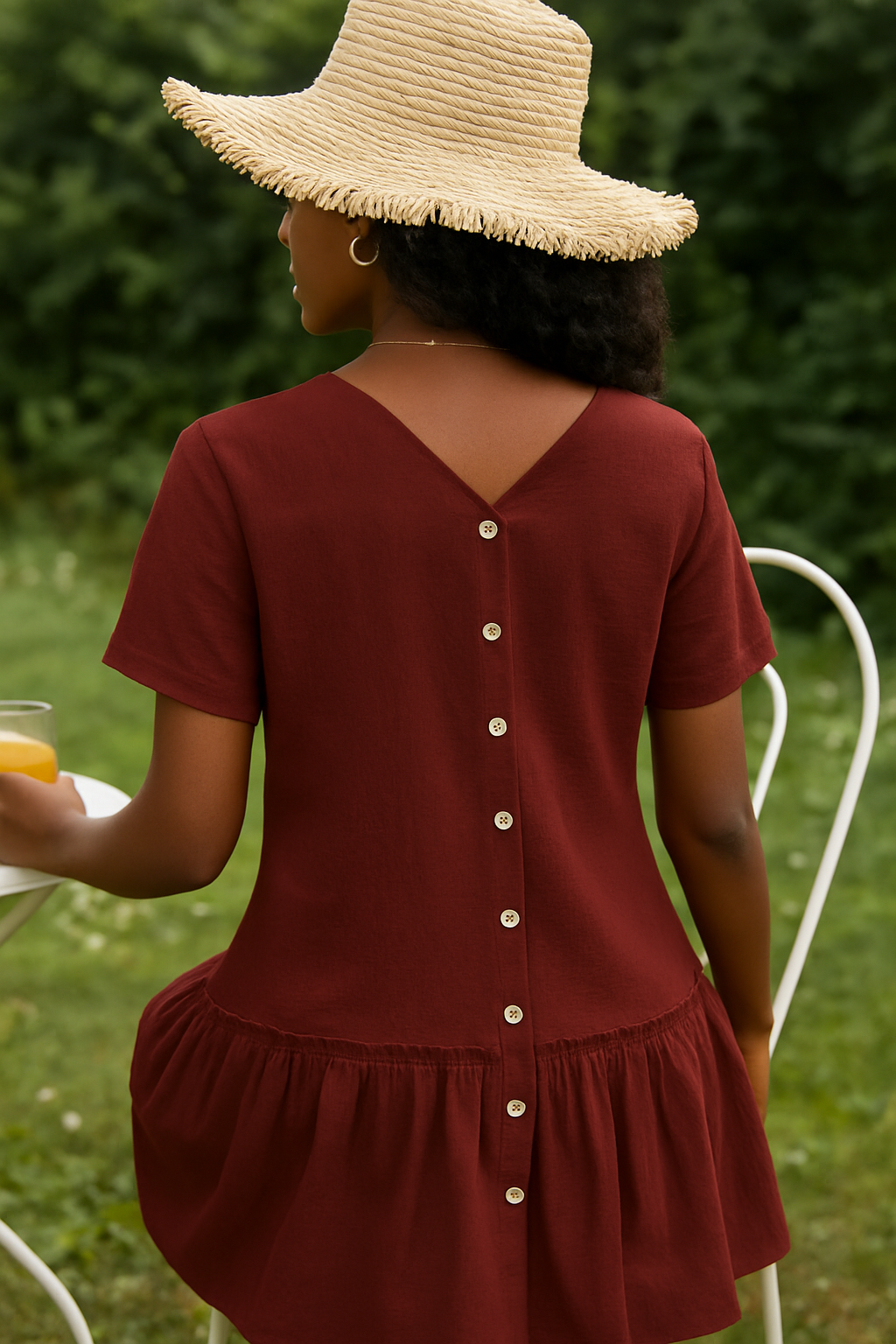 Burgundy Button-Down Dress With Ruffle Hem For Summer