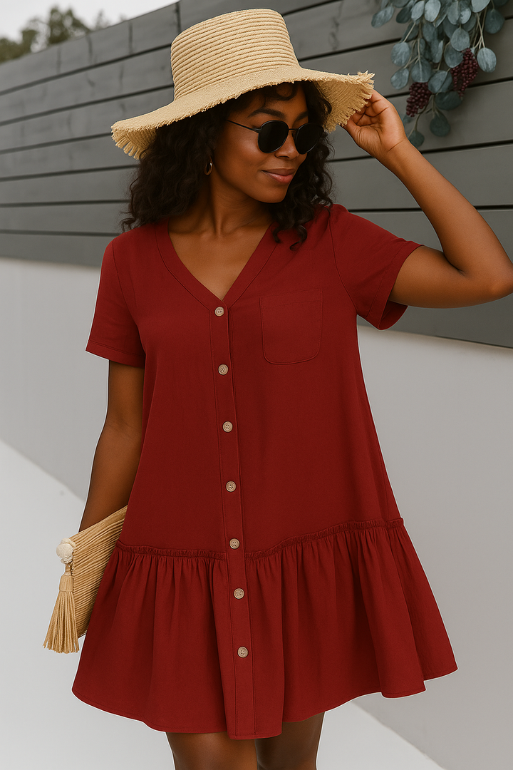 Burgundy Button-Down Dress With Ruffle Hem For Summer
