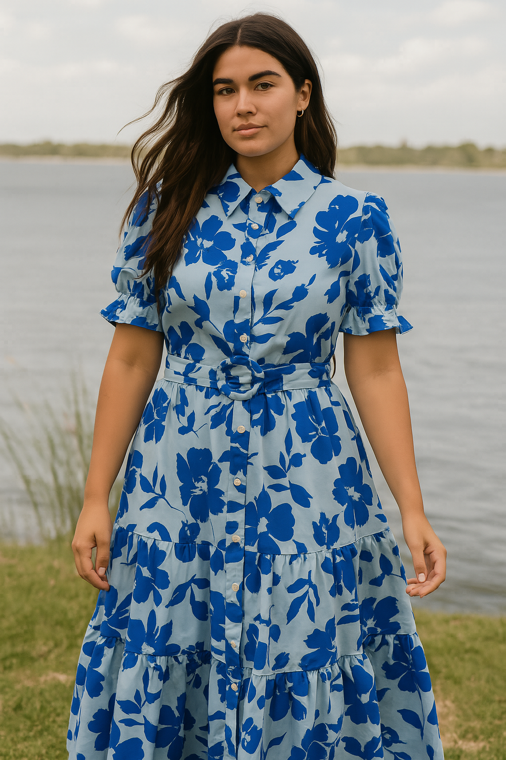 Floral Shirt Midi Dress In Light Blue With Bold Blue Print