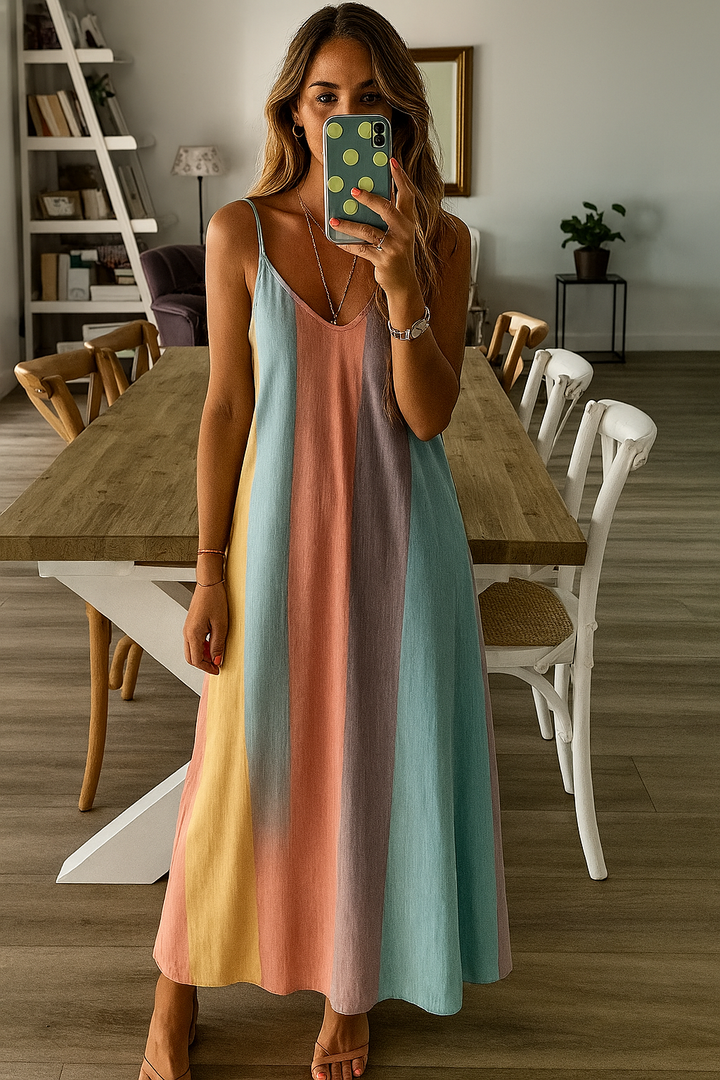 Pastel Bohemian Striped Maxi Dress With Boho Flair