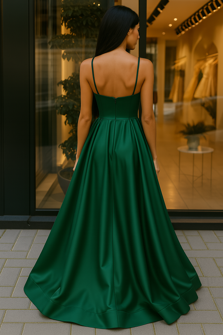 Deep Green Satin Gown With Front Slit Elegant Dress