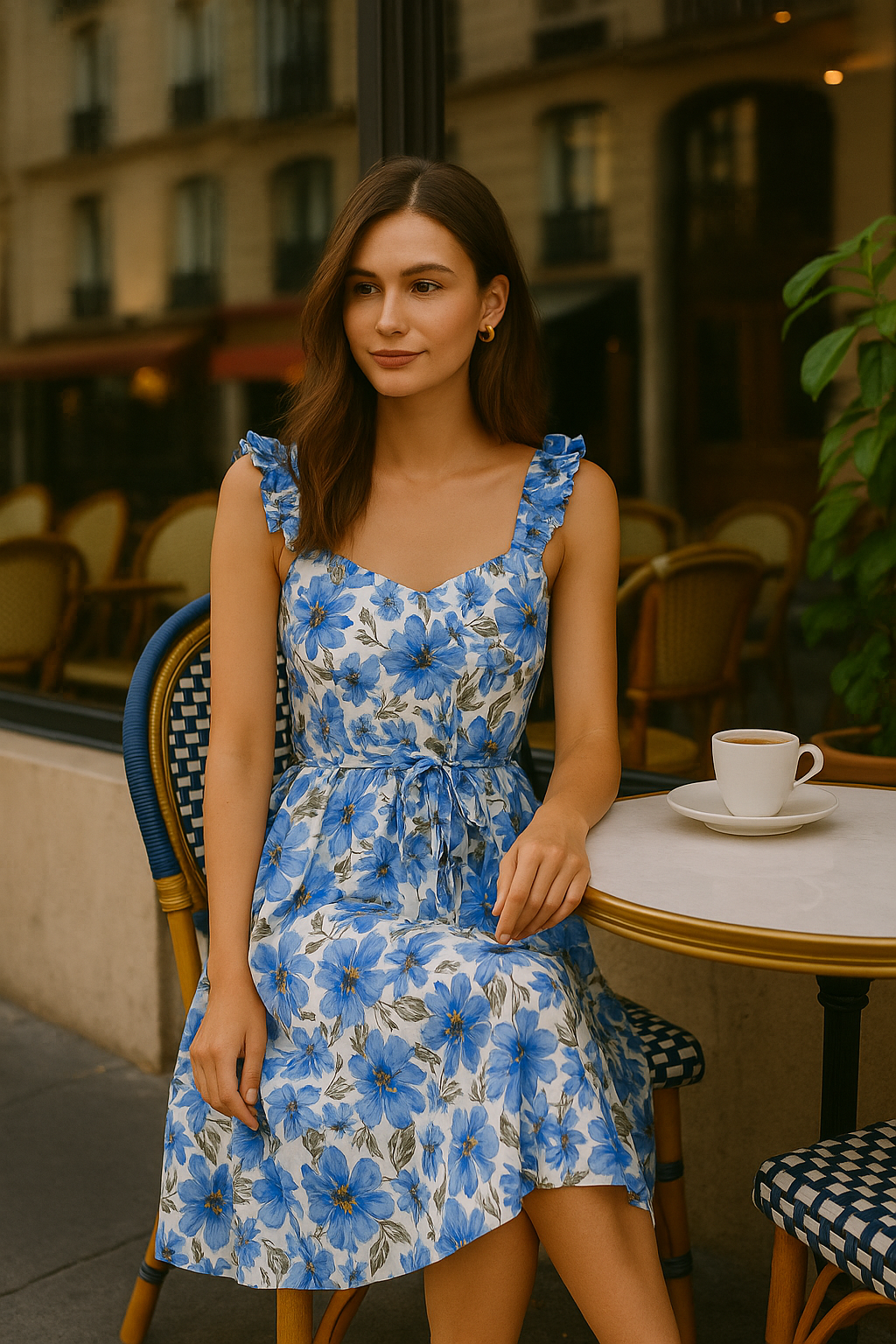 Blue Floral Romantic Midi Dress With Ruffled Straps
