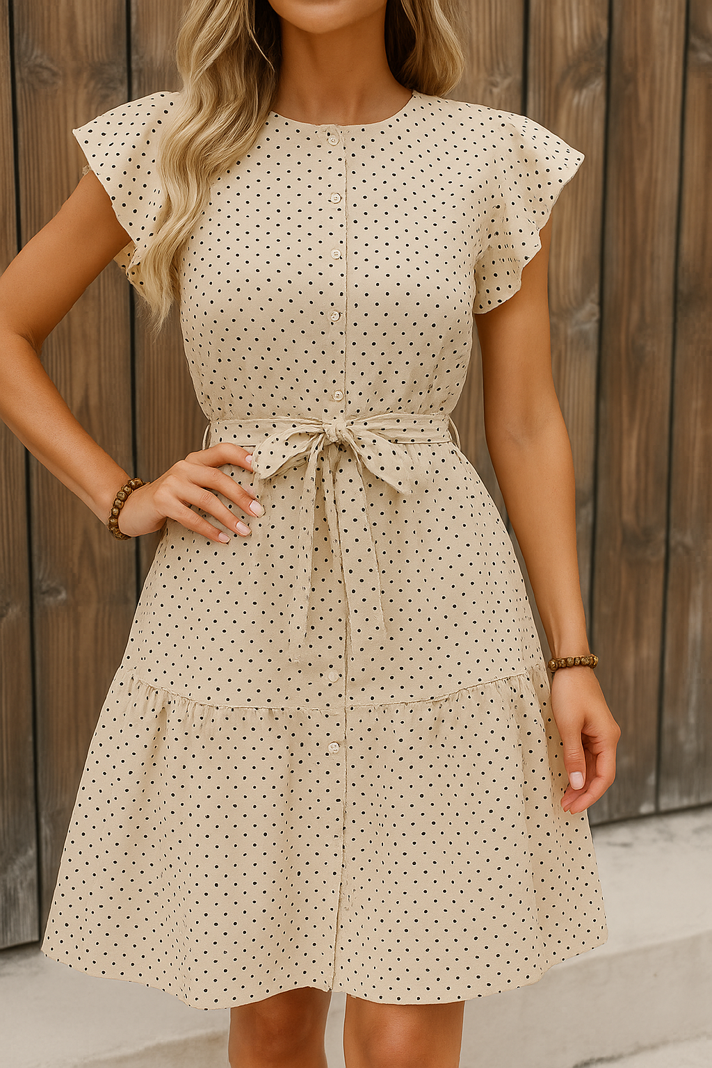 Chic Belted Polka Dot Ruffle Sleeve Summer Dress Classic