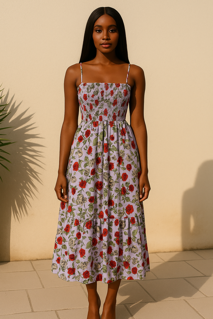 Floral Midi Dress With Shirred Bodice In Lavender And Roses