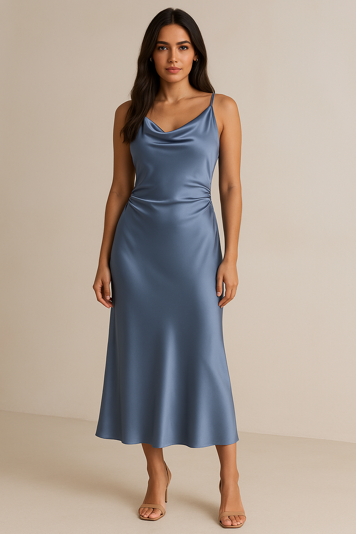 Light Blue Satin Cowl Neck Midi Dress Elegant Silhouette
