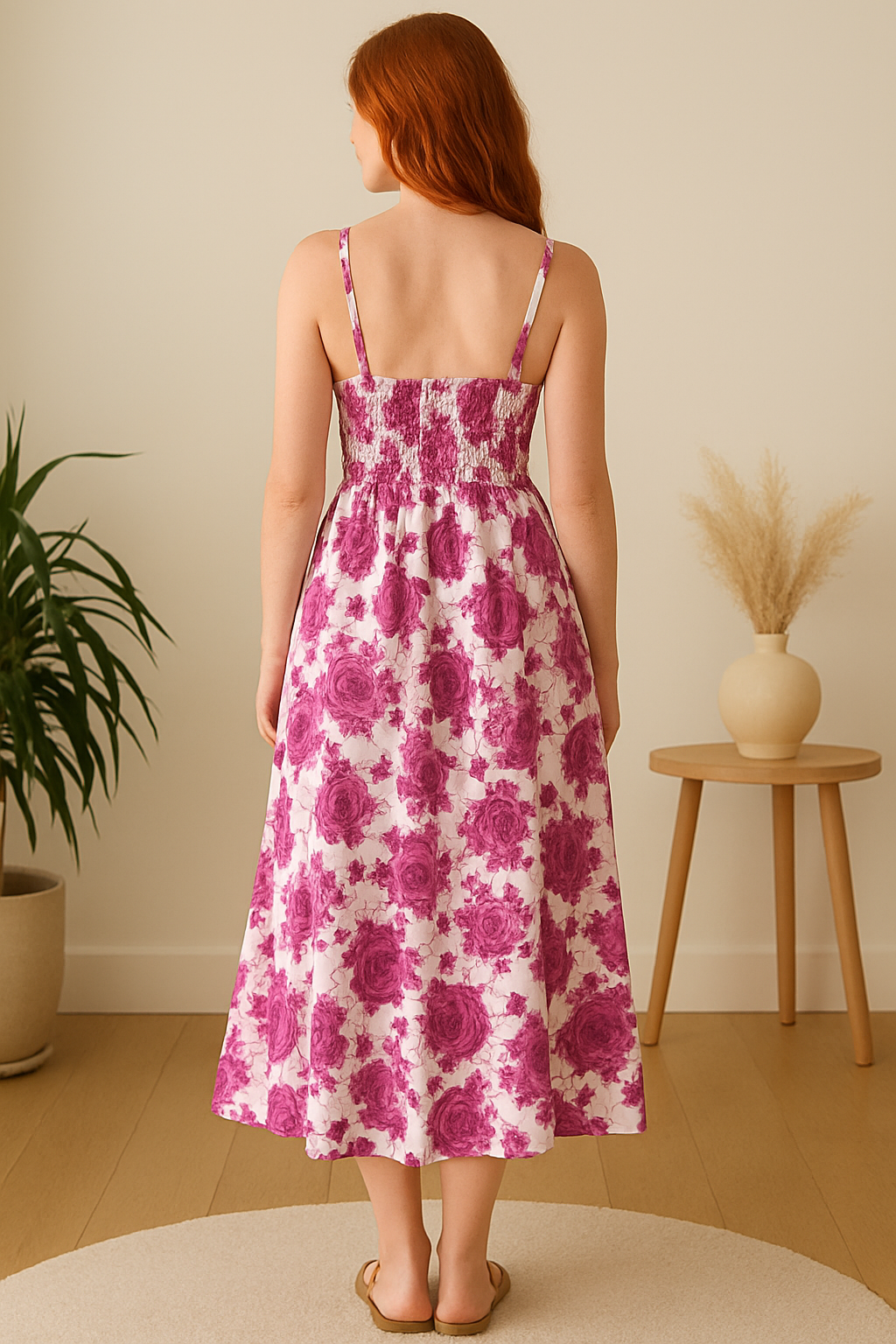 Smocked Floral Maxi Dress With Shoulder Straps Pink White