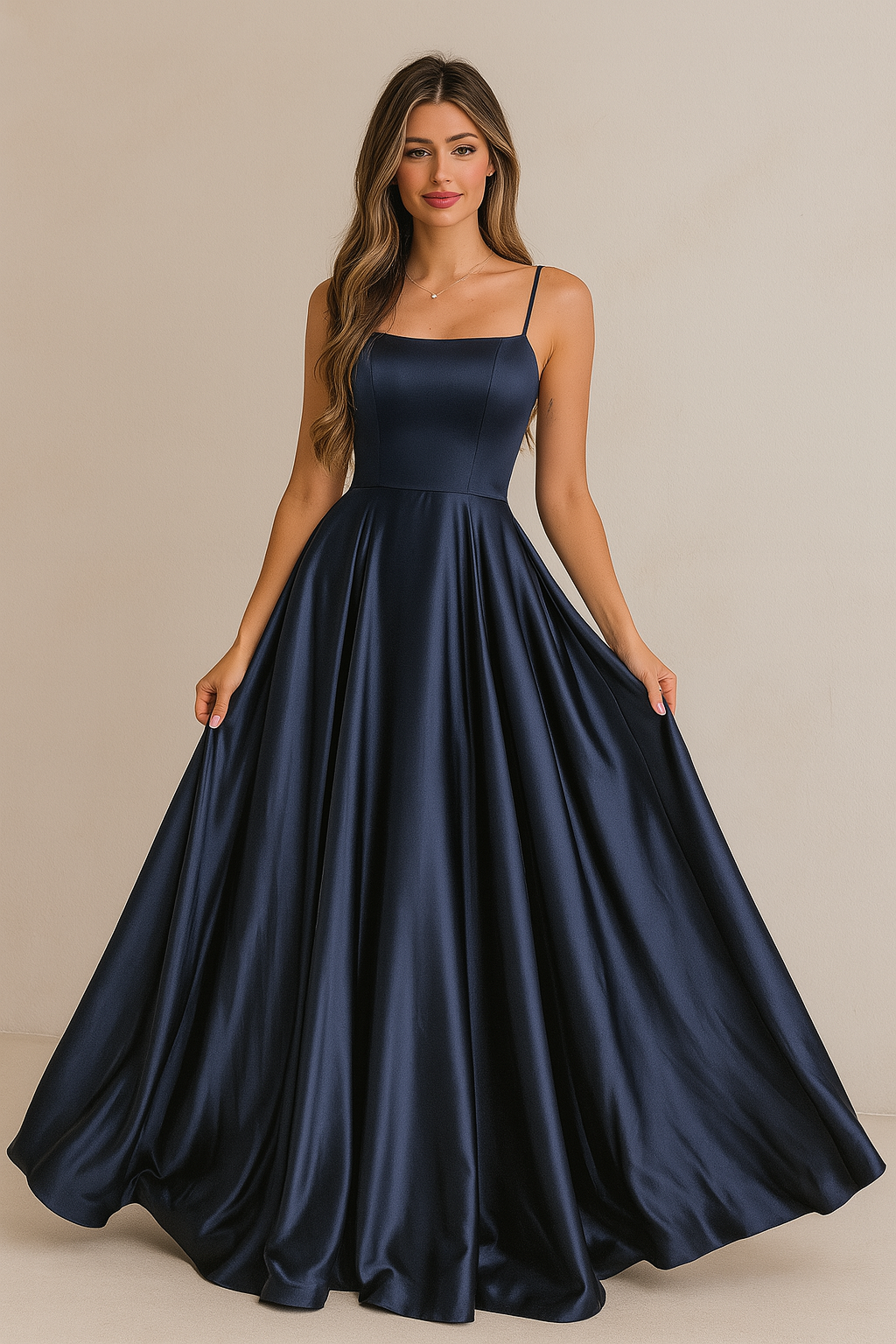 Elegant Navy Satin A-Line Evening Gown Dress For Affairs