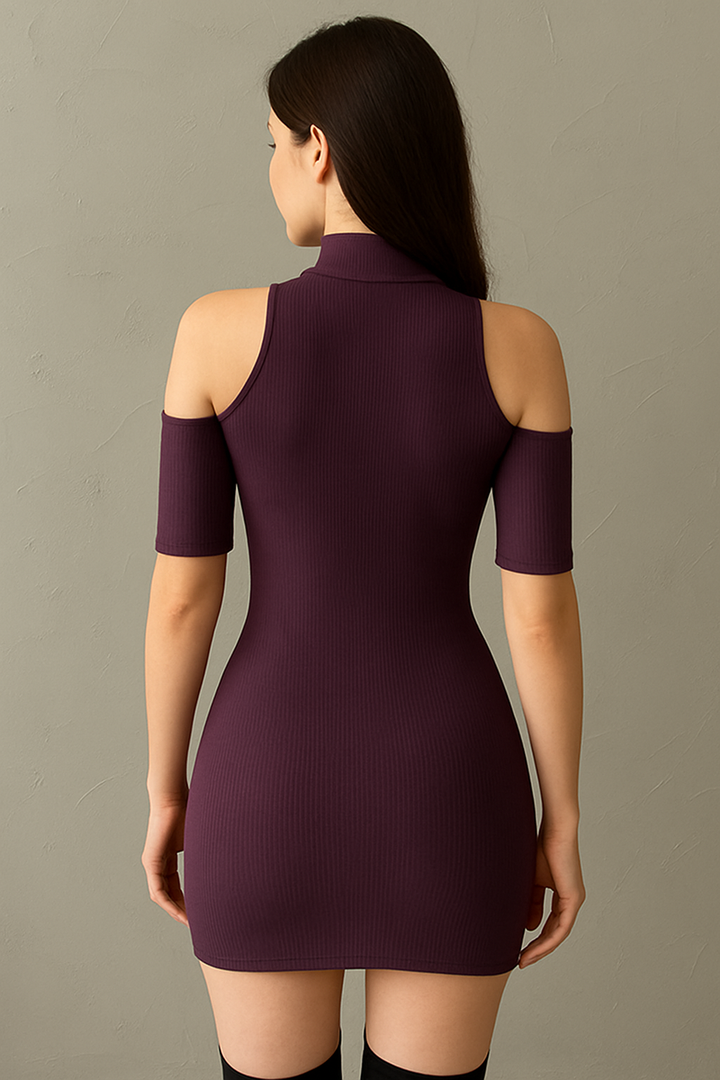 Purple Cold Shoulder Ribbed Mini Dress For Ladies Now