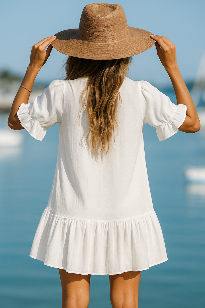 Ruffled White Linen Button-Down Dress, Resort Style