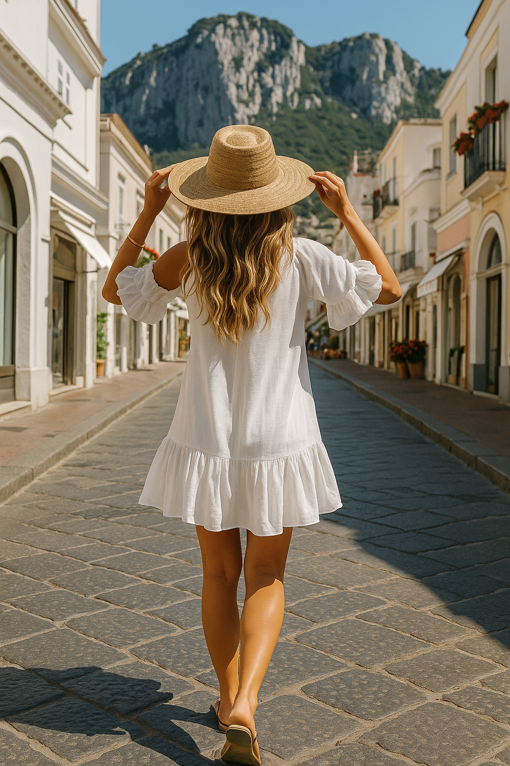Ruffled White Linen Button-Down Dress, Resort Style