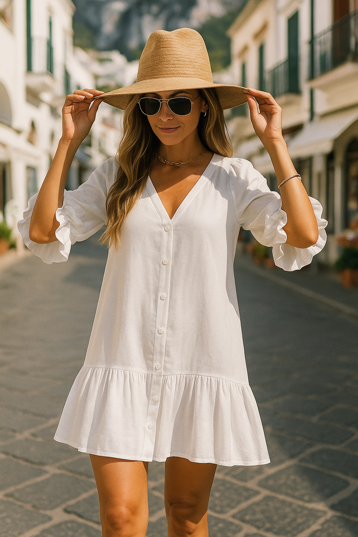 Ruffled White Linen Button-Down Dress, Resort Style