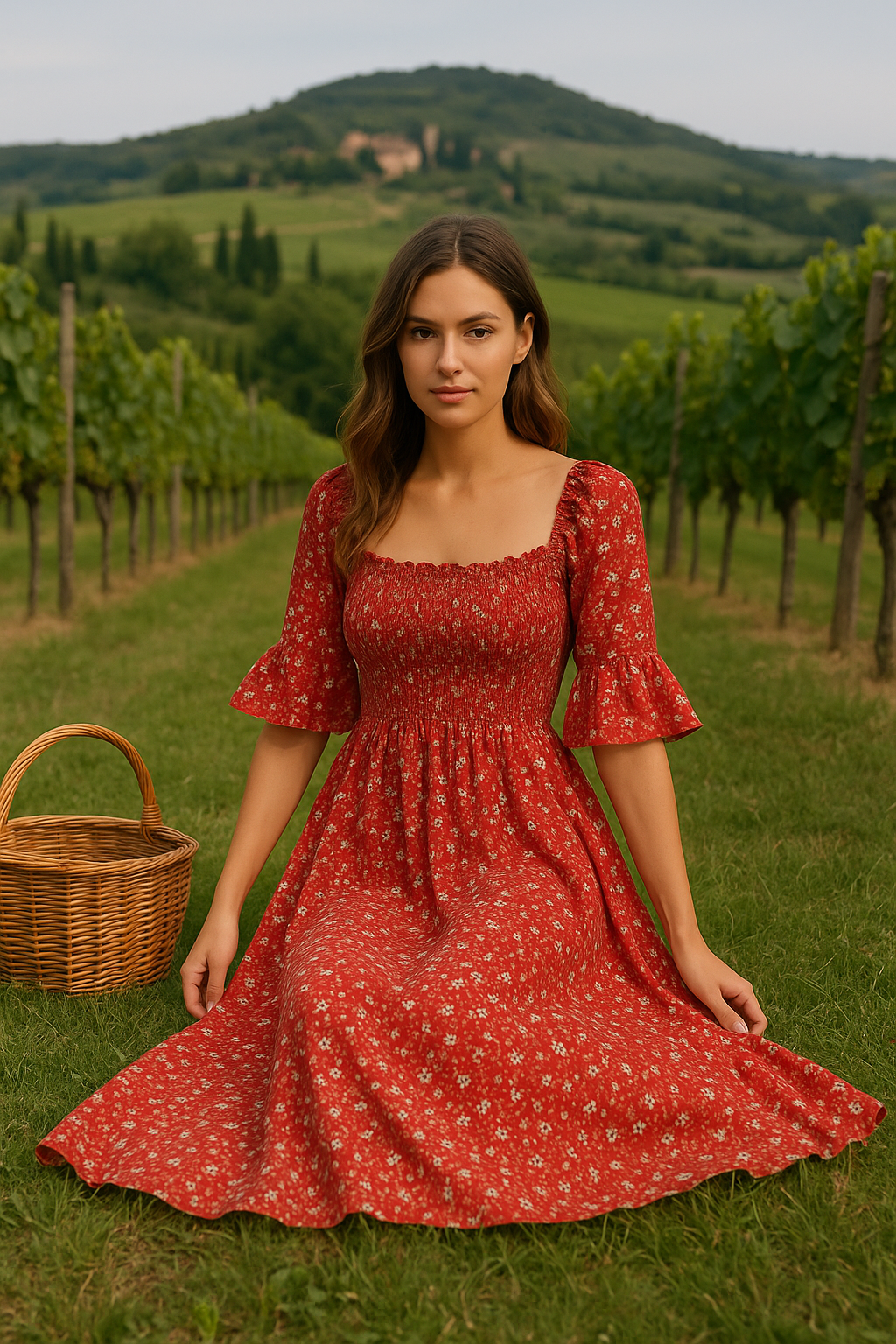 Red Floral Midi Dress With Square Neck And Ruffle Sleeves