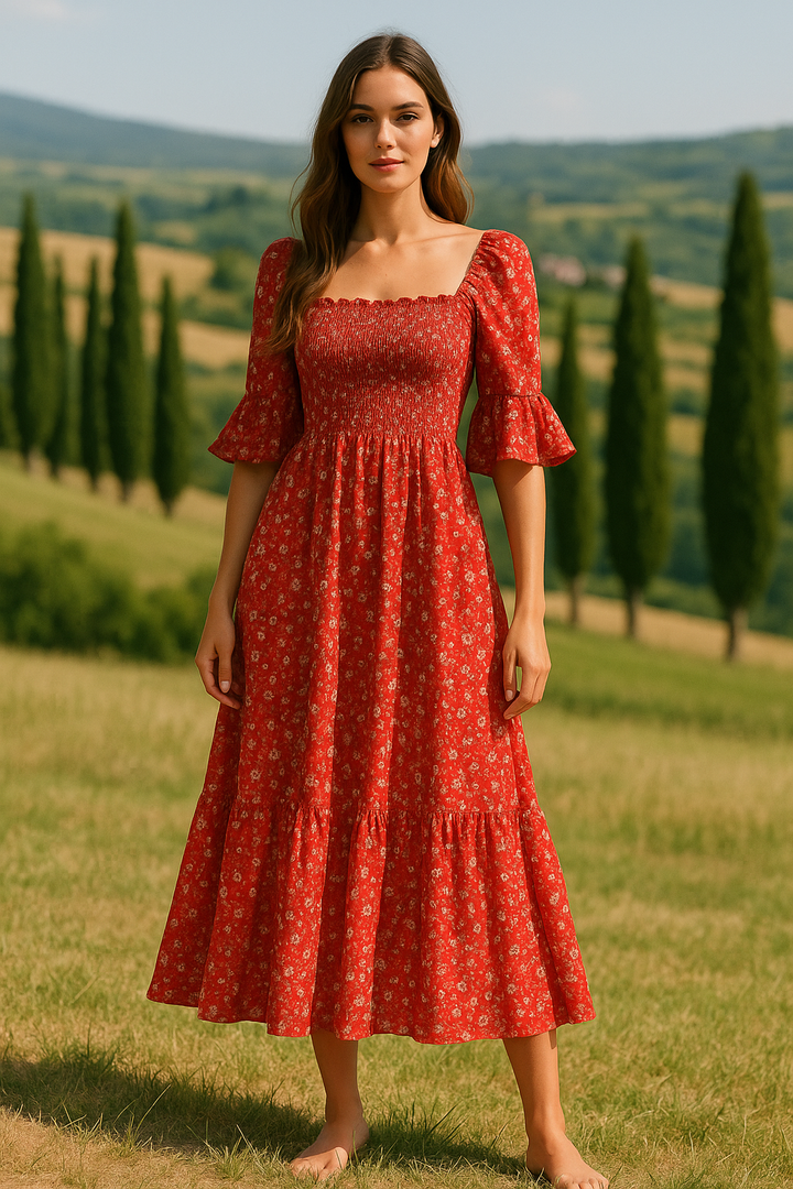 Red Floral Midi Dress With Square Neck And Ruffle Sleeves