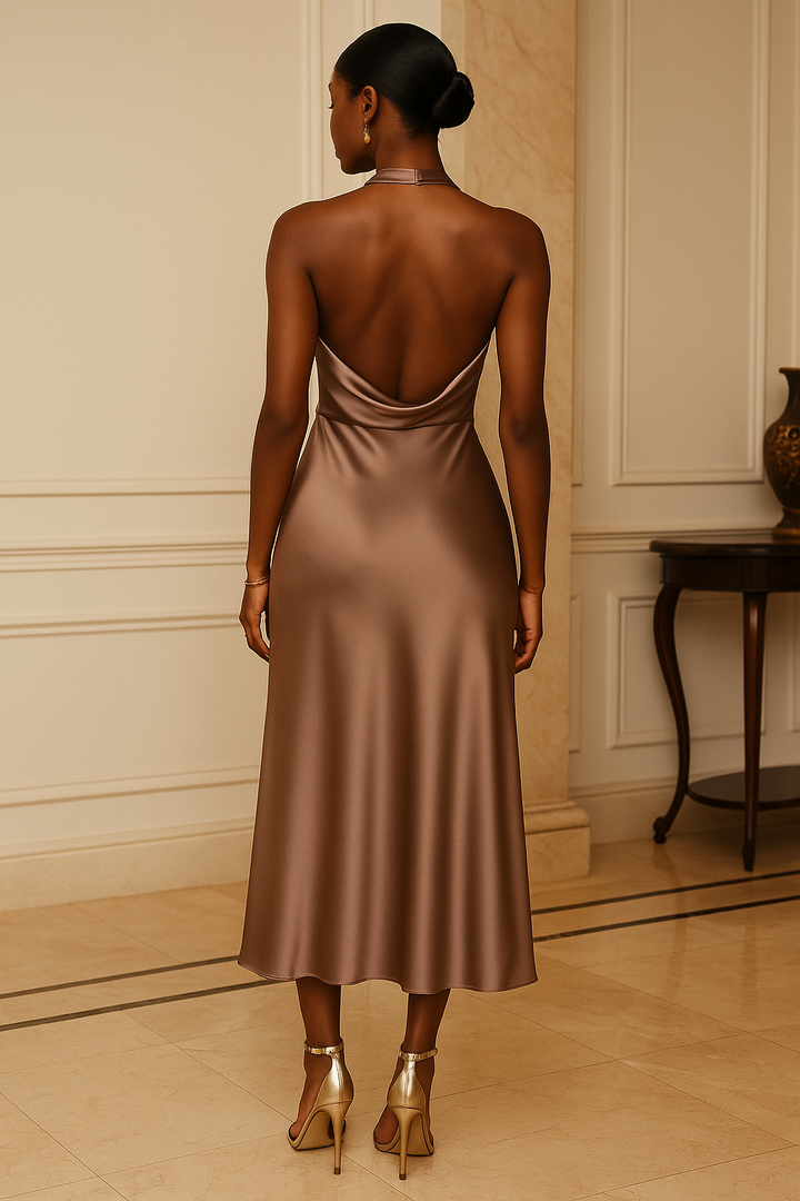 Luxurious Champagne Satin Halter-Neck Midi Dress Evening