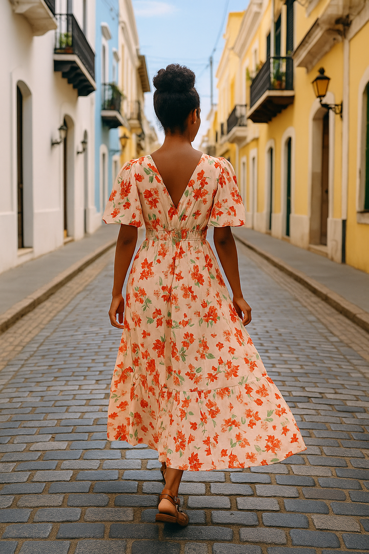 Caribbean Floral Midi Dress With Subtle Island Charm