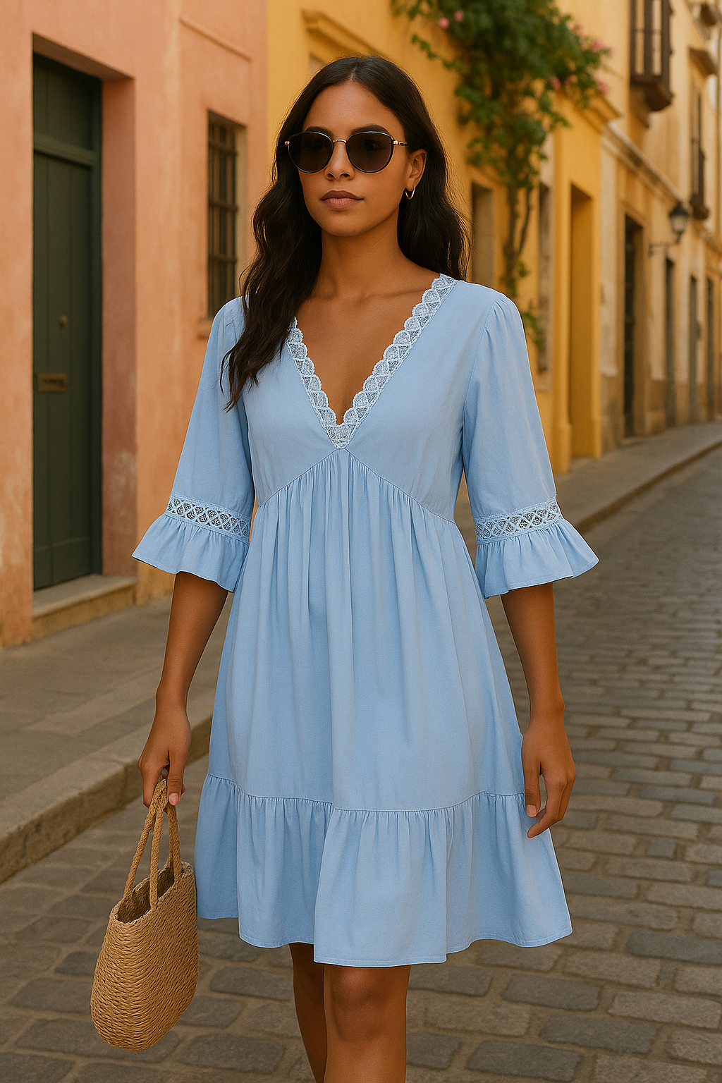 Chic Boho Sky-Blue Midi Dress With Delicate Lace Trim