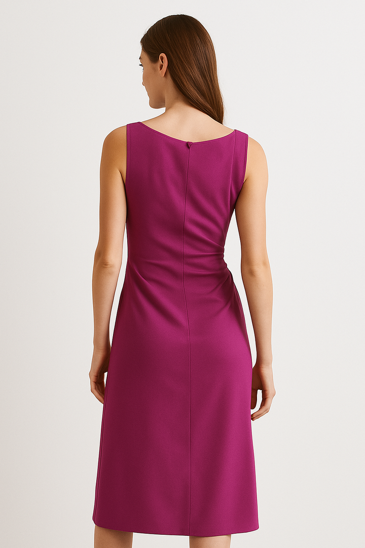 Fuchsia Satin Midi Dress With Side Draping And Graceful Look
