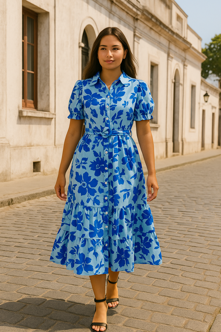 Floral Shirt Midi Dress In Light Blue With Bold Blue Print