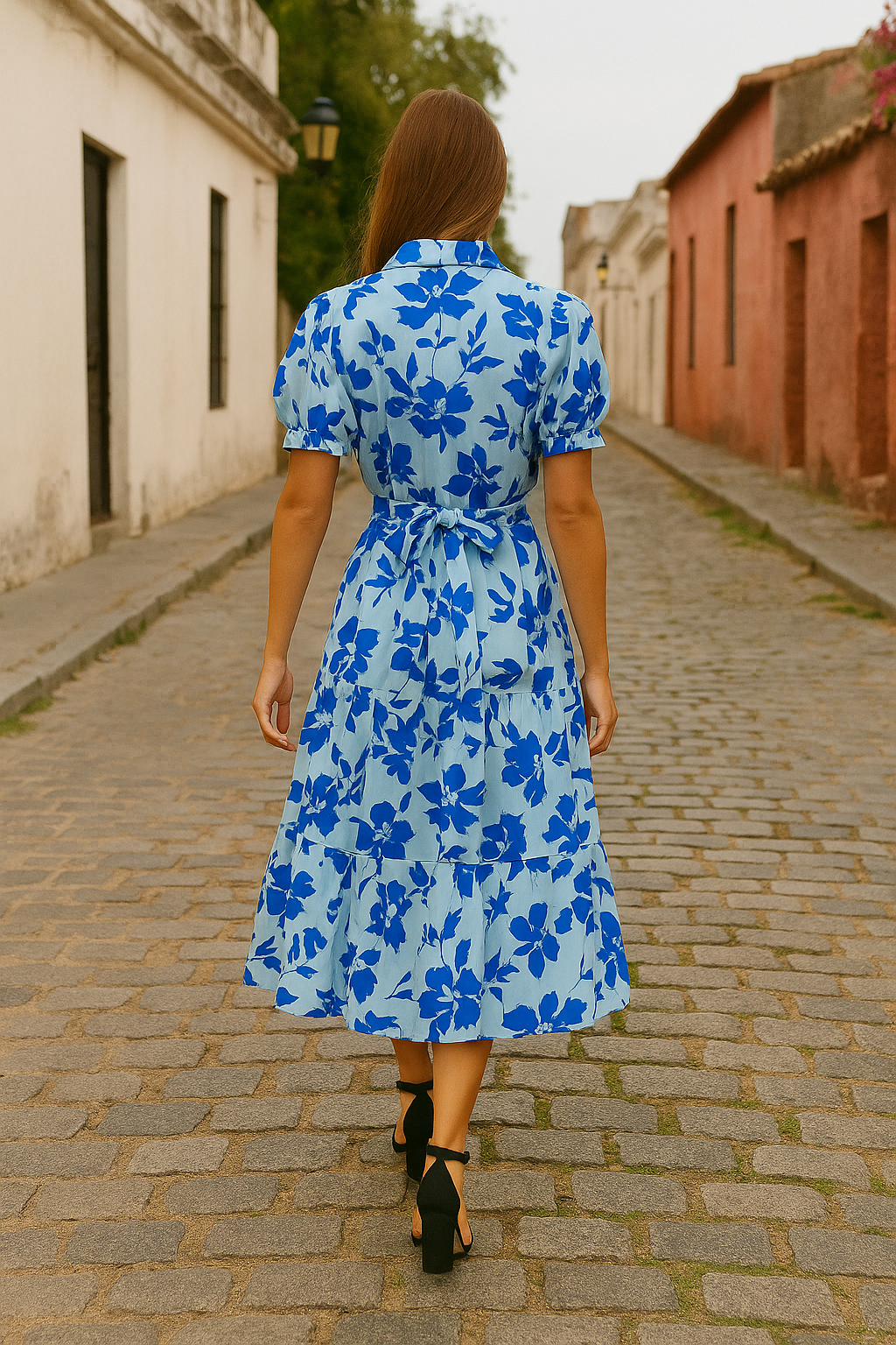 Floral Shirt Midi Dress In Light Blue With Bold Blue Print