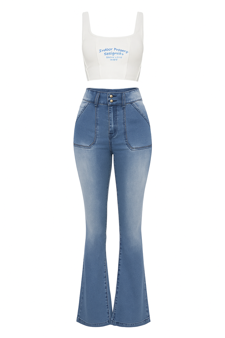 Women's Light Blue Flare Jeans With Stretch Fabric Figure Hugging Fit