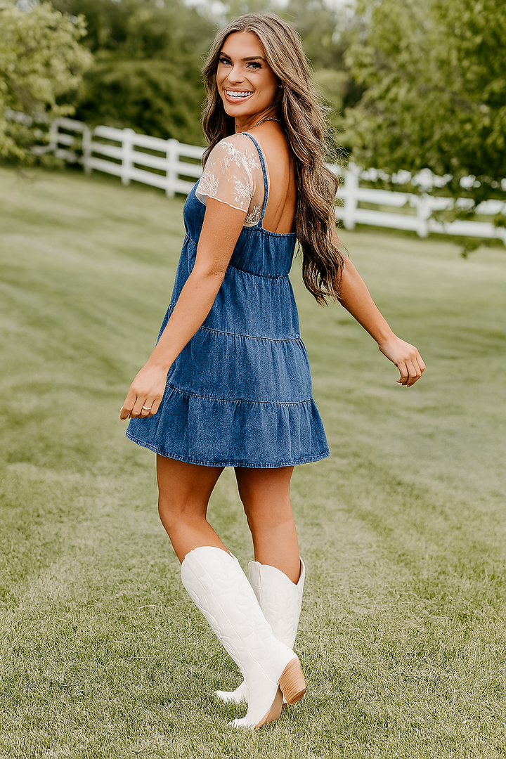 Tiered Denim Mini Dress With Lace Top And Western Boots