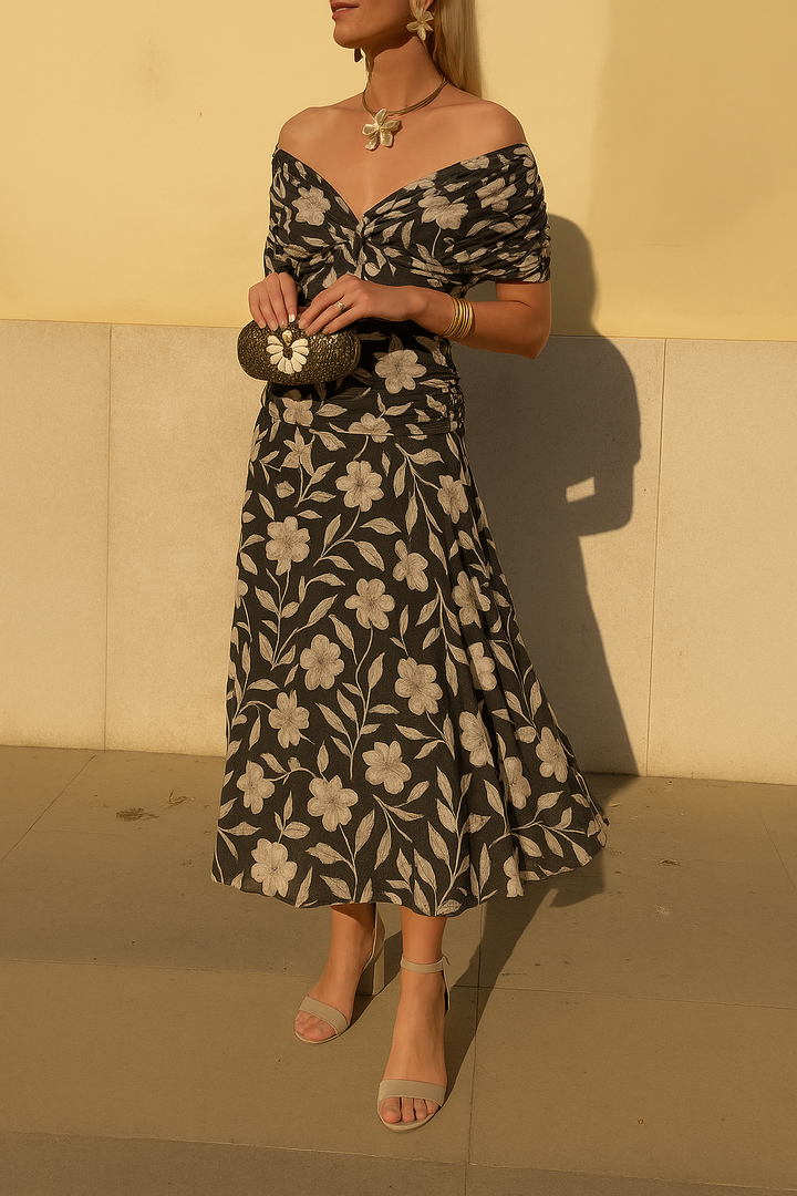 Lyra Aurora Collection Off-Shoulder Midi Dress With Floral Print Design