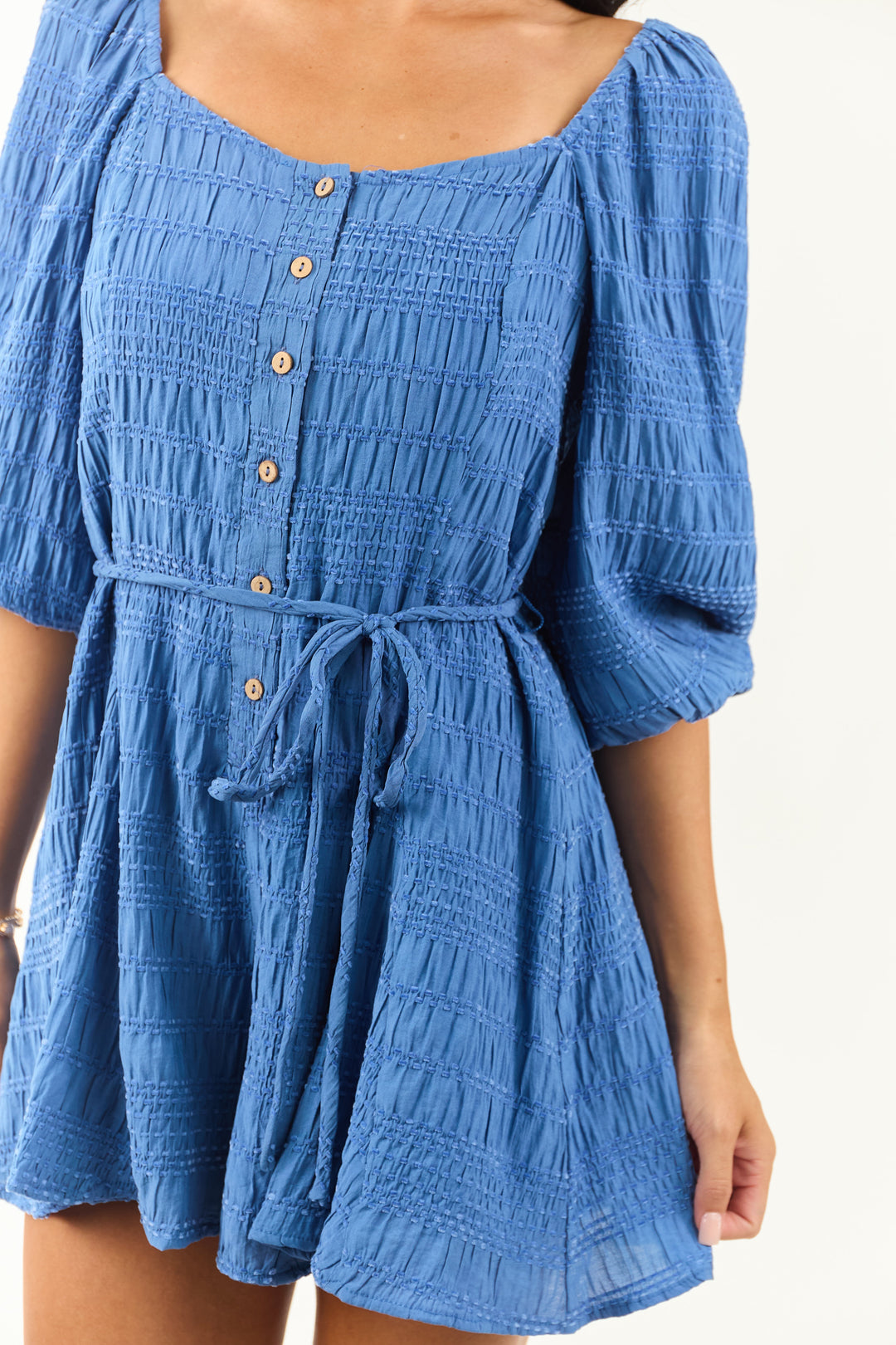 Cobalt Velvet Puff Sleeve Textured Wide Leg Romper