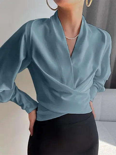 Draped Satin Blouse With Long Sleeves For Women By Lila