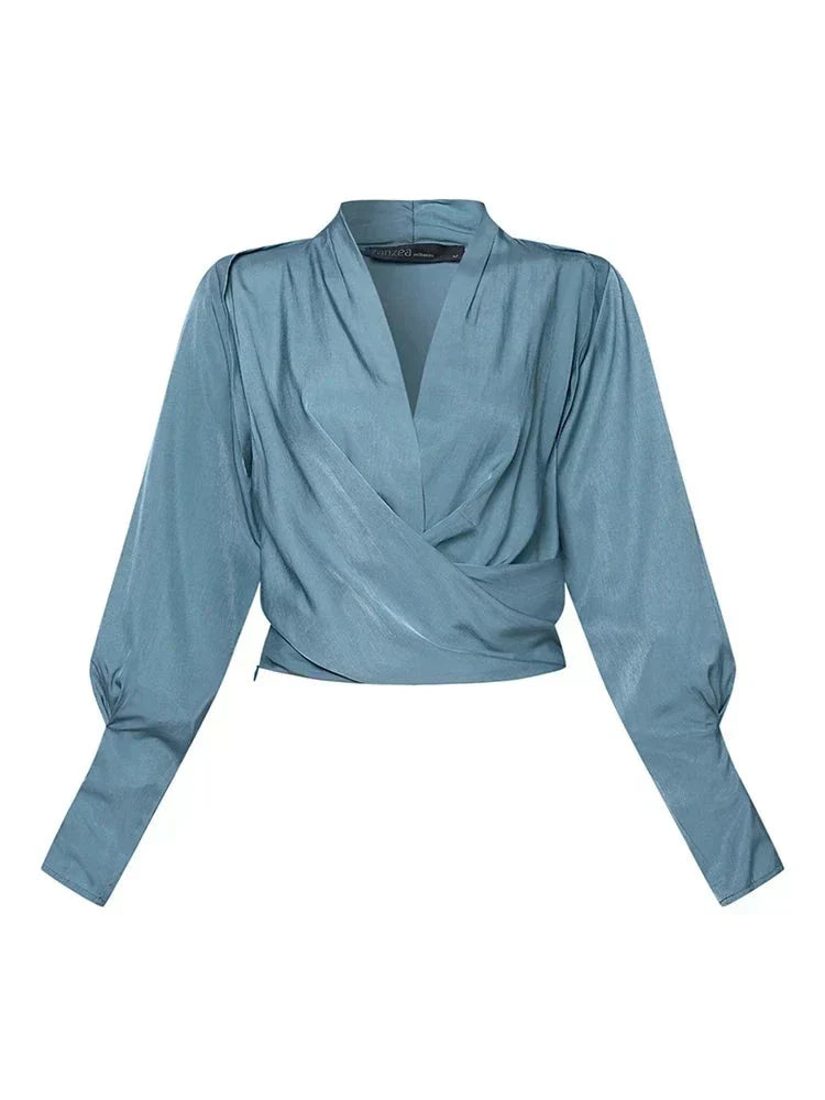 Draped Satin Blouse With Long Sleeves For Women By Lila